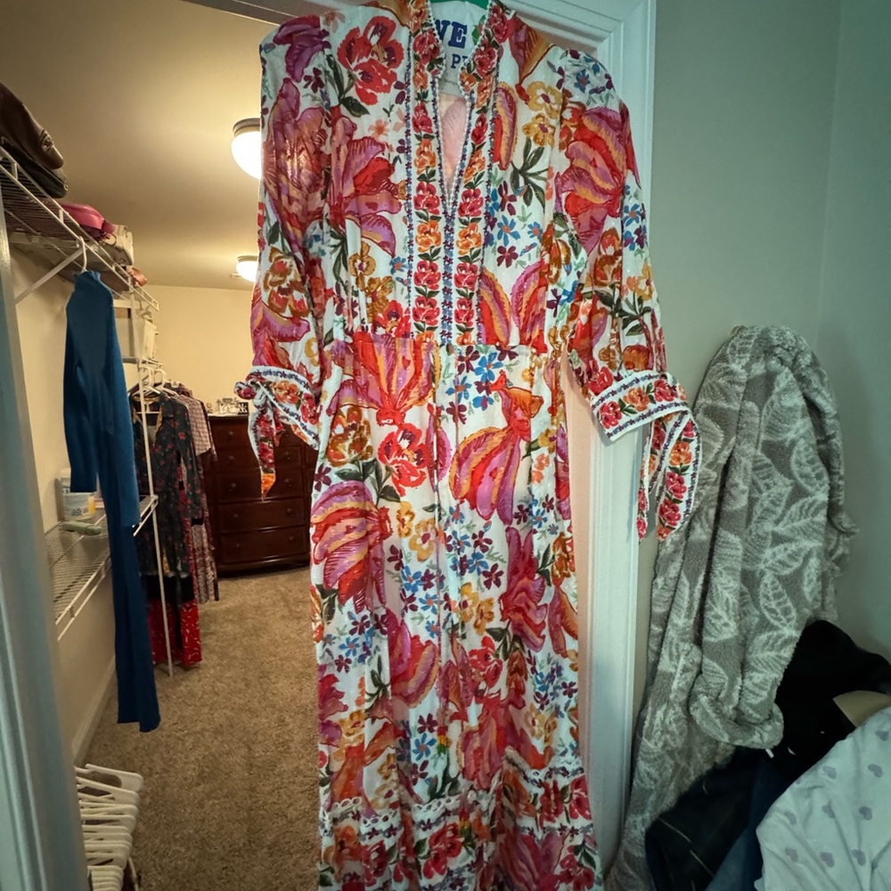 Red and Blue Resort Wrap Gown with Bishop Sleeves